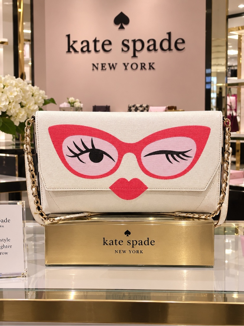 kate spade Rose Colored Glasses Frames Leather Clutch Lined White Red Pink NWOT